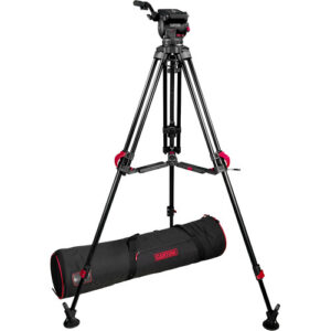 Cartoni Focus 12 Fluid Head assembled with Red Lock Aluminum Tripod, Mid level (100mm)